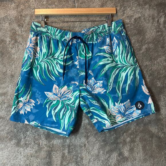 Volcom Men's Swimsuit Polly Pack Swim Trunks Shorts M Botanical Print Blue - Picture 1 of 10